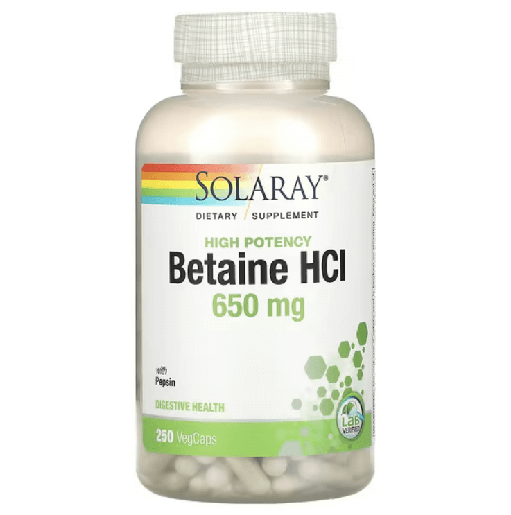 High Potency Betaine HCl with Pepsin, 650 mg, 250 capsules, Solaray