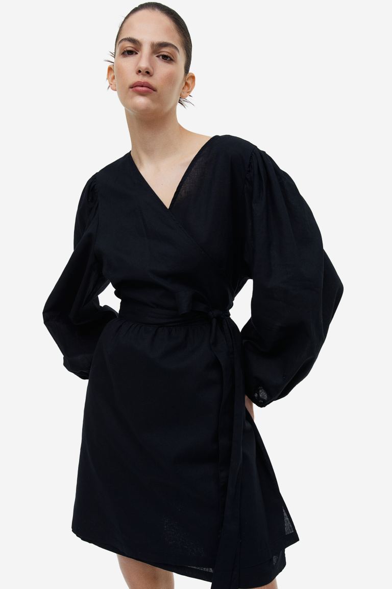 H&M Linen Blend Wrap Dress, Black