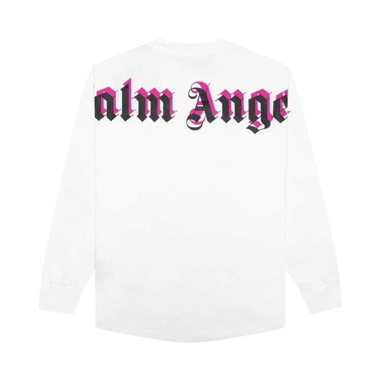 تي شيرت Palm Angels Double Logo Over Long Sleeve Tee 'White/Fuchsia'، أبيض