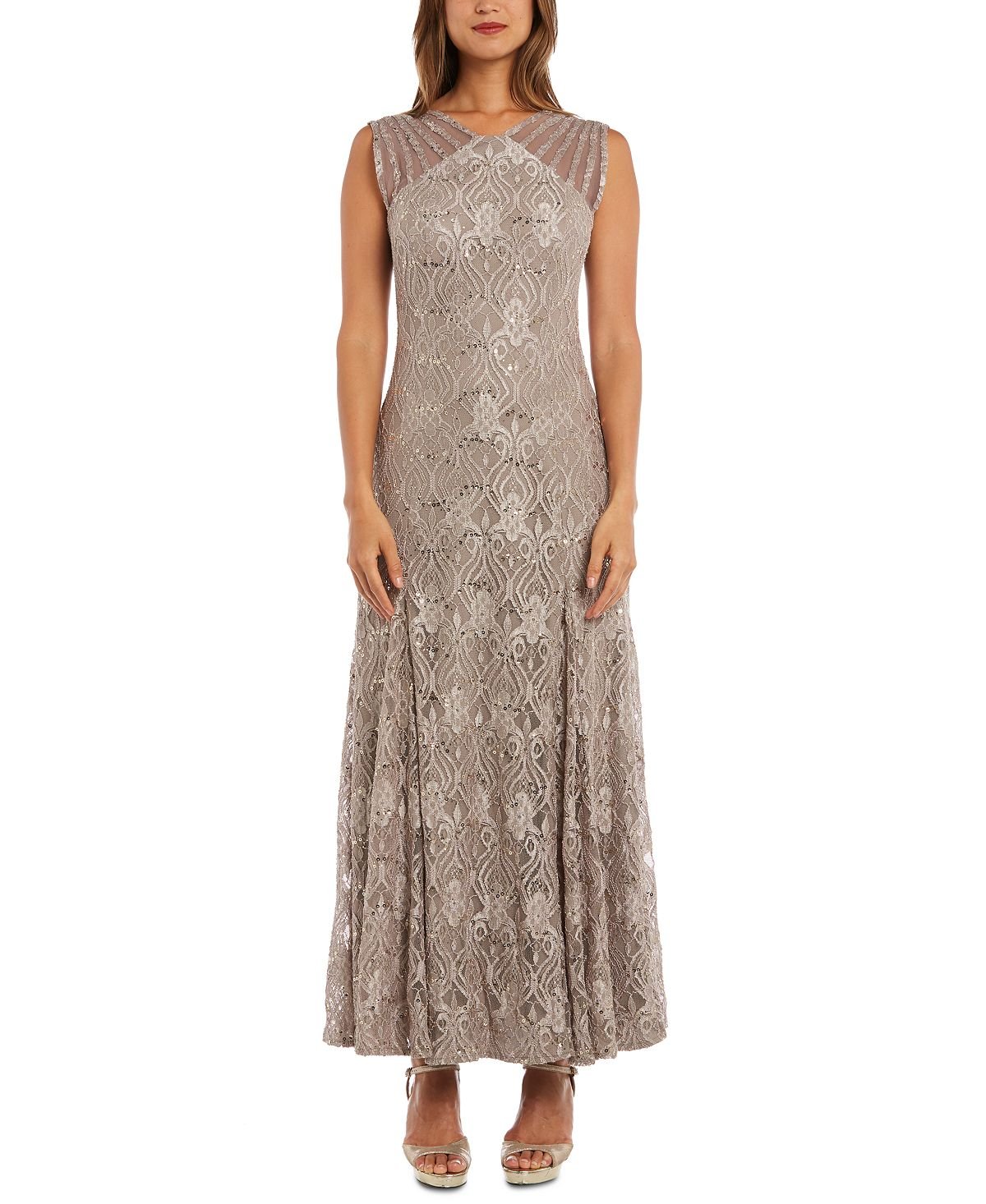 R&M Richards Women's Long Illusion Lace Embellished Dress