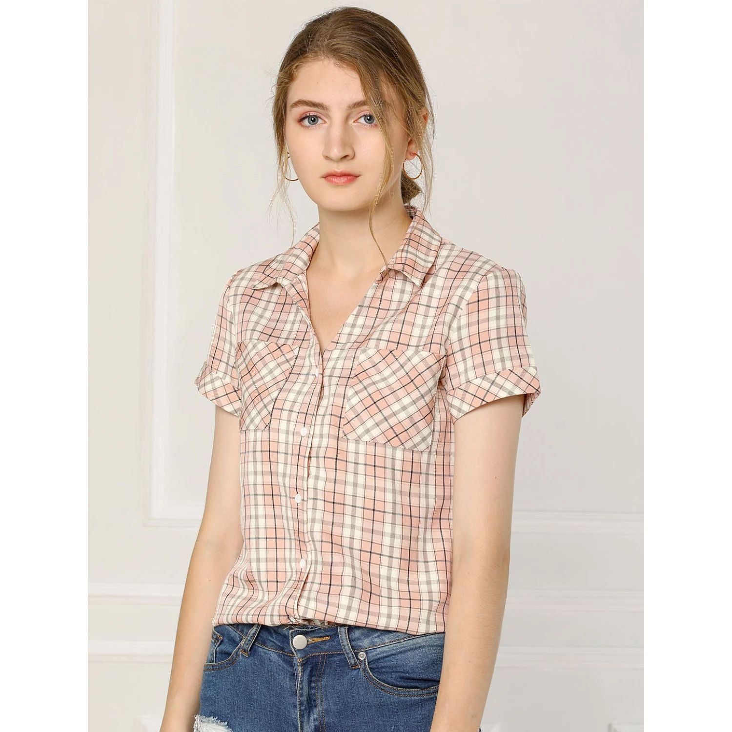 ALLEGRA K Women's Cotton Plaid Short Sleeve Button Front Boyfriend Shirt ,  red