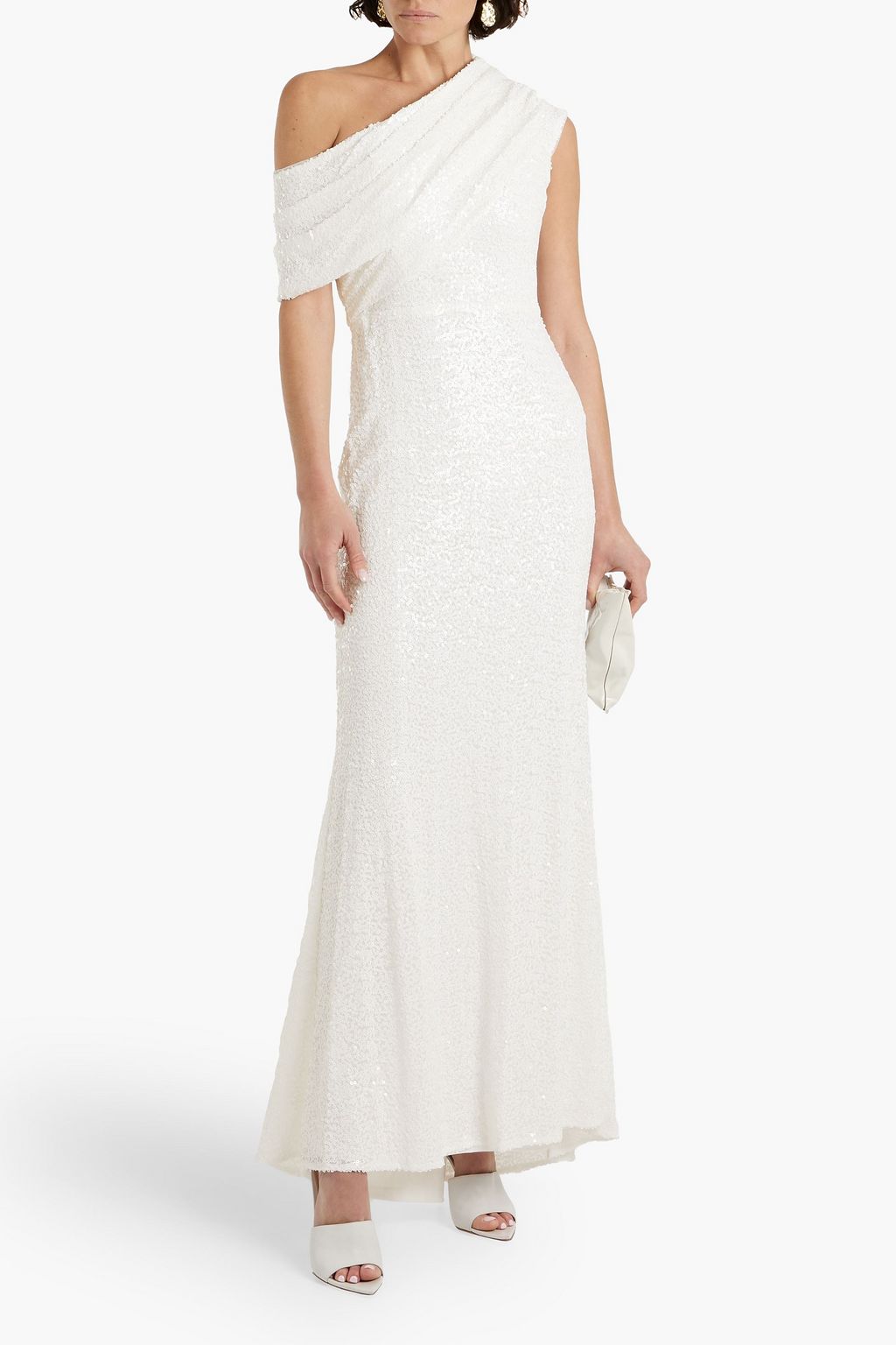 Tulle dress with sequins and one-shoulder draping BADGLEY MISCHKA, ivory