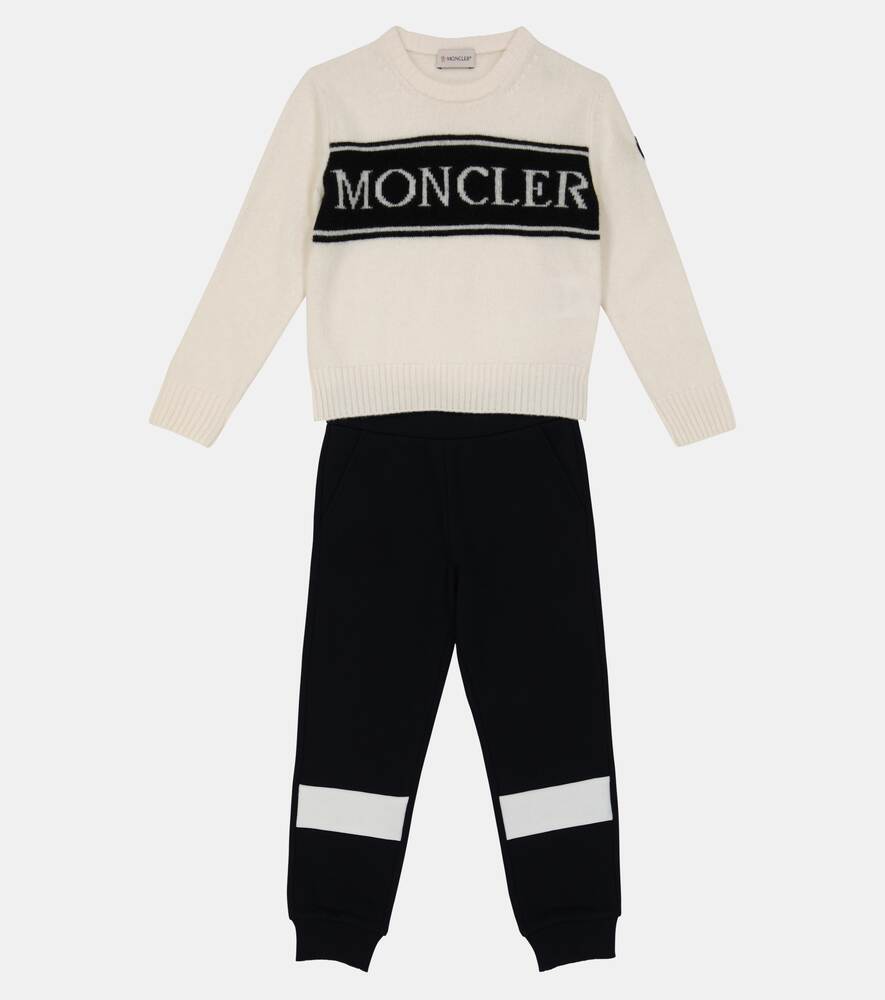 Moncler Enfant Logo Intarsia Knitted Wool Sweater, Black