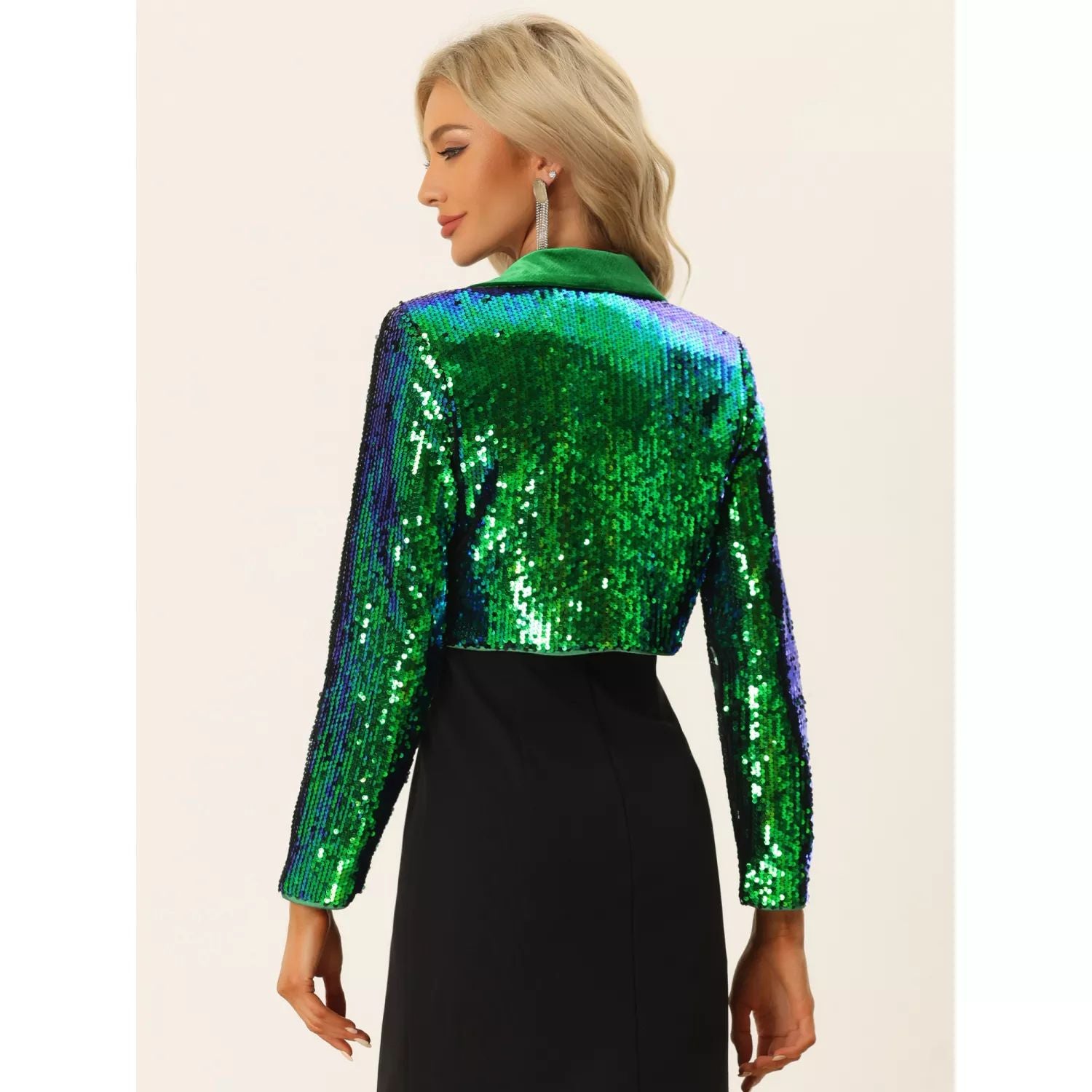 Women's open front jacket with shiny sequins notched lapels and long sleeves ALLEGRA K, silver