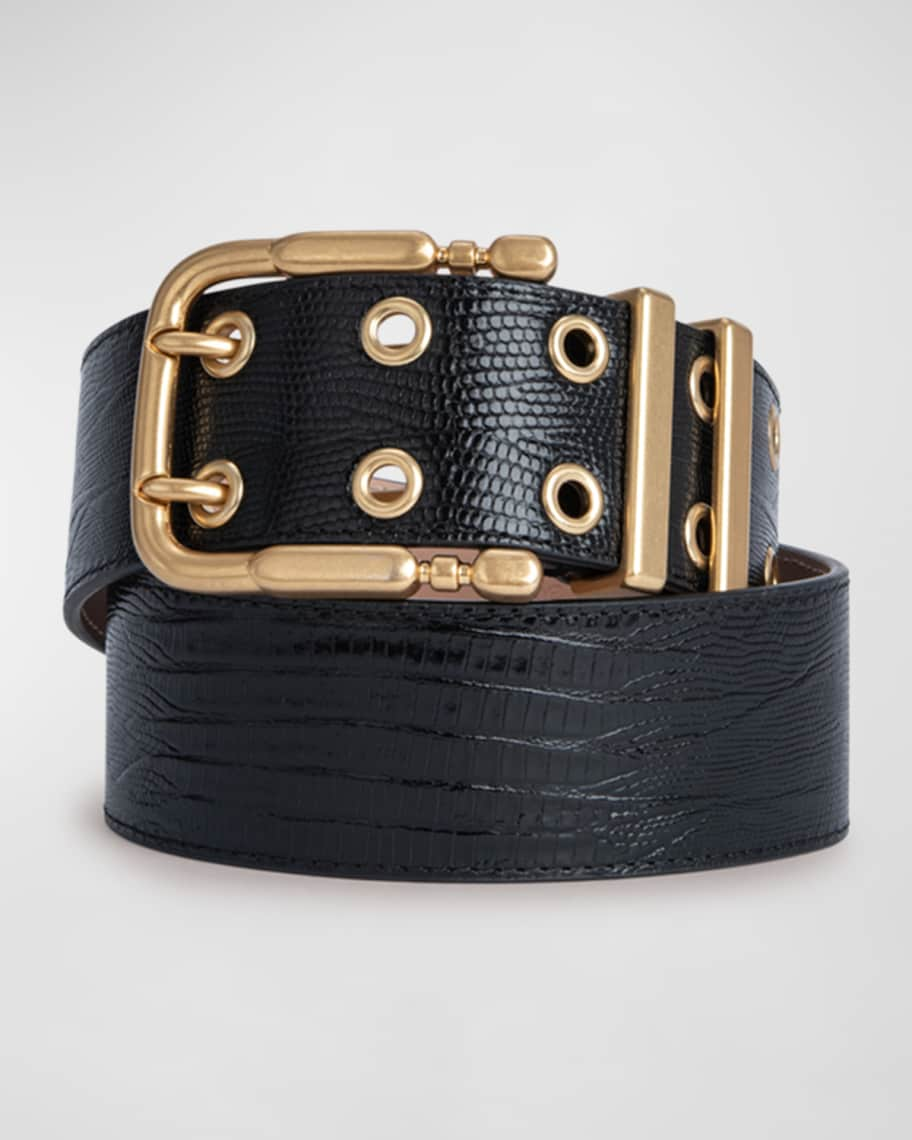 BY FAR Lizard Embossed Leather Duo Belt