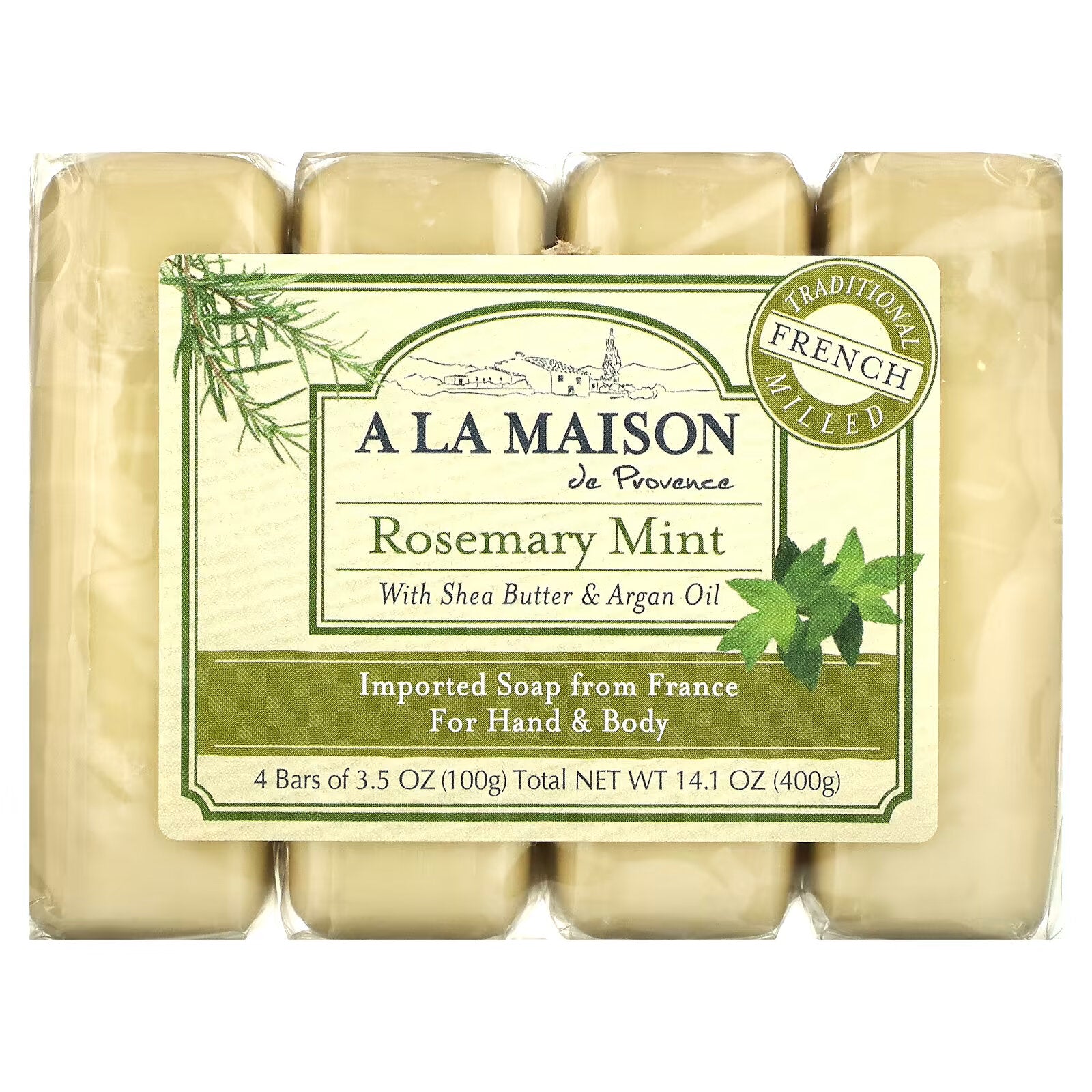 A La Maison de Provence, Hand & Body Bar Soap, Rosemary & Mint Scent, 4 x 100 g (3.5 oz)