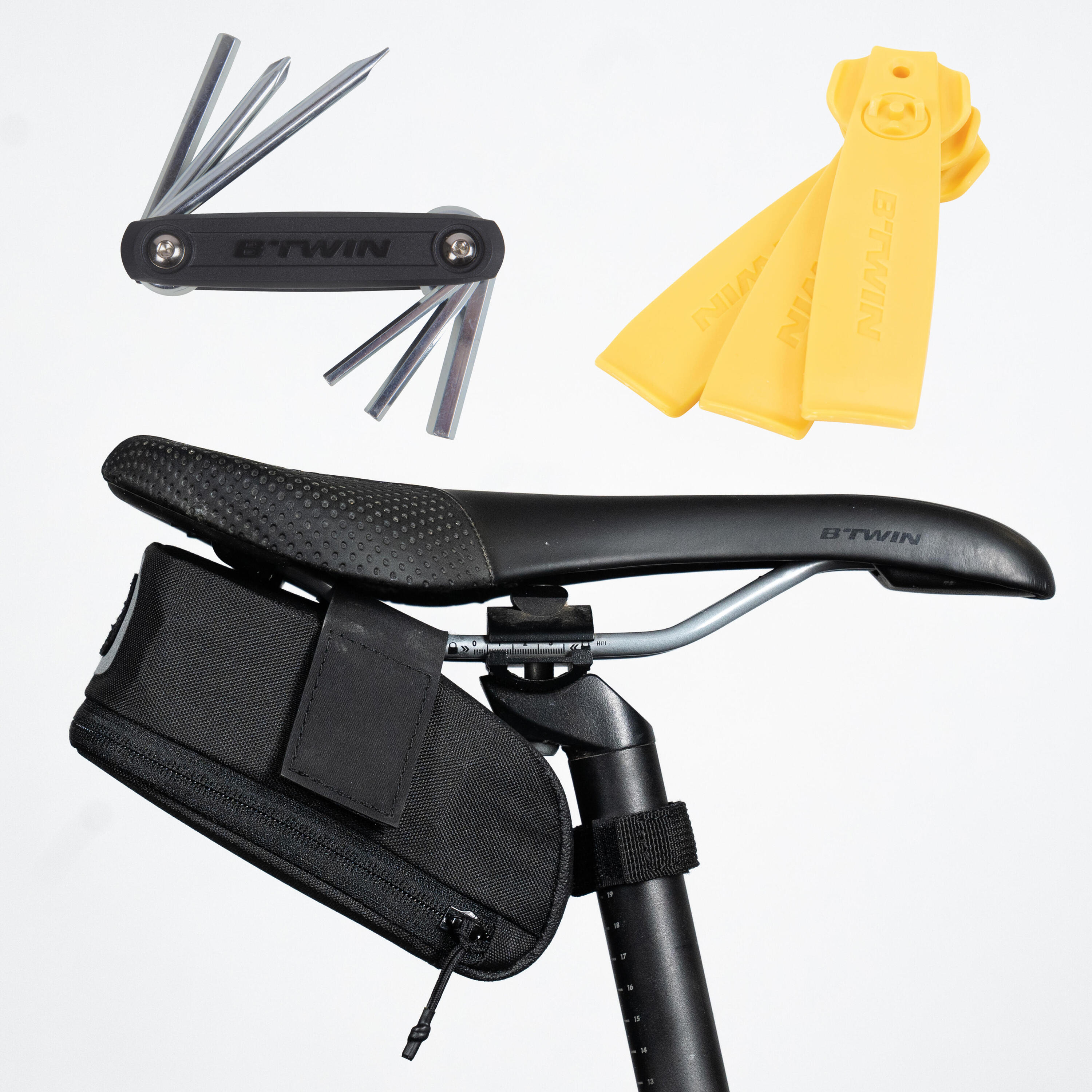 Set saddle bag Easy M 0, 6 l black + multitool + 3 levers for RIVERSIDE tires black