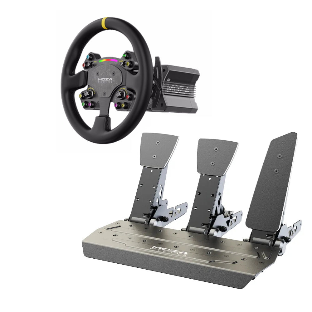 Moza R12 steering wheel, steering wheel base + RS V2 steering wheel, black + 3 SR-P pedals, black