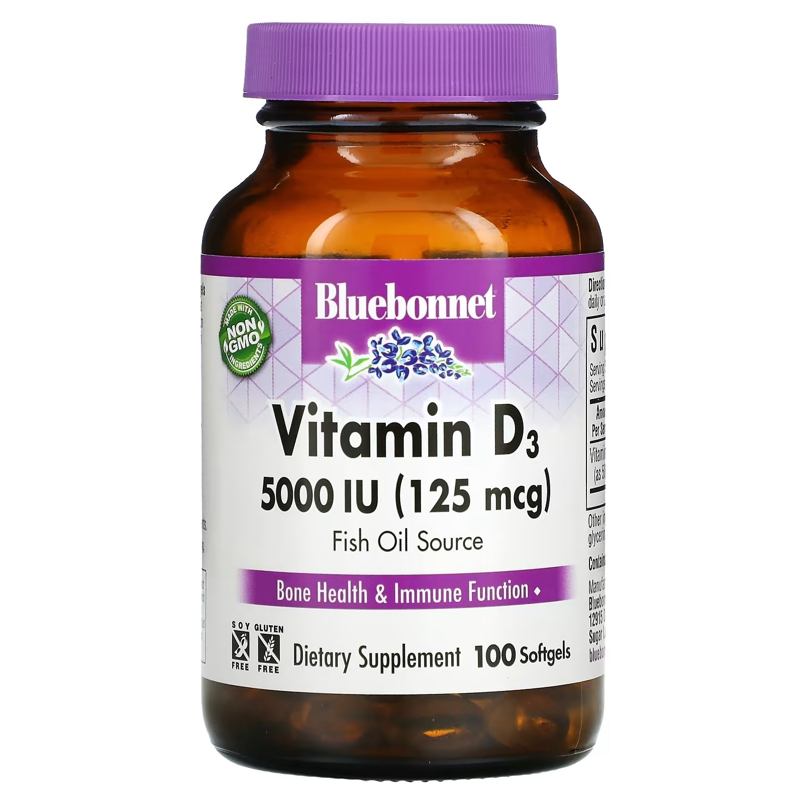 Bluebonnet Nutrition Vitamin D3 125 mcg 5000 IU, 100 Softgels