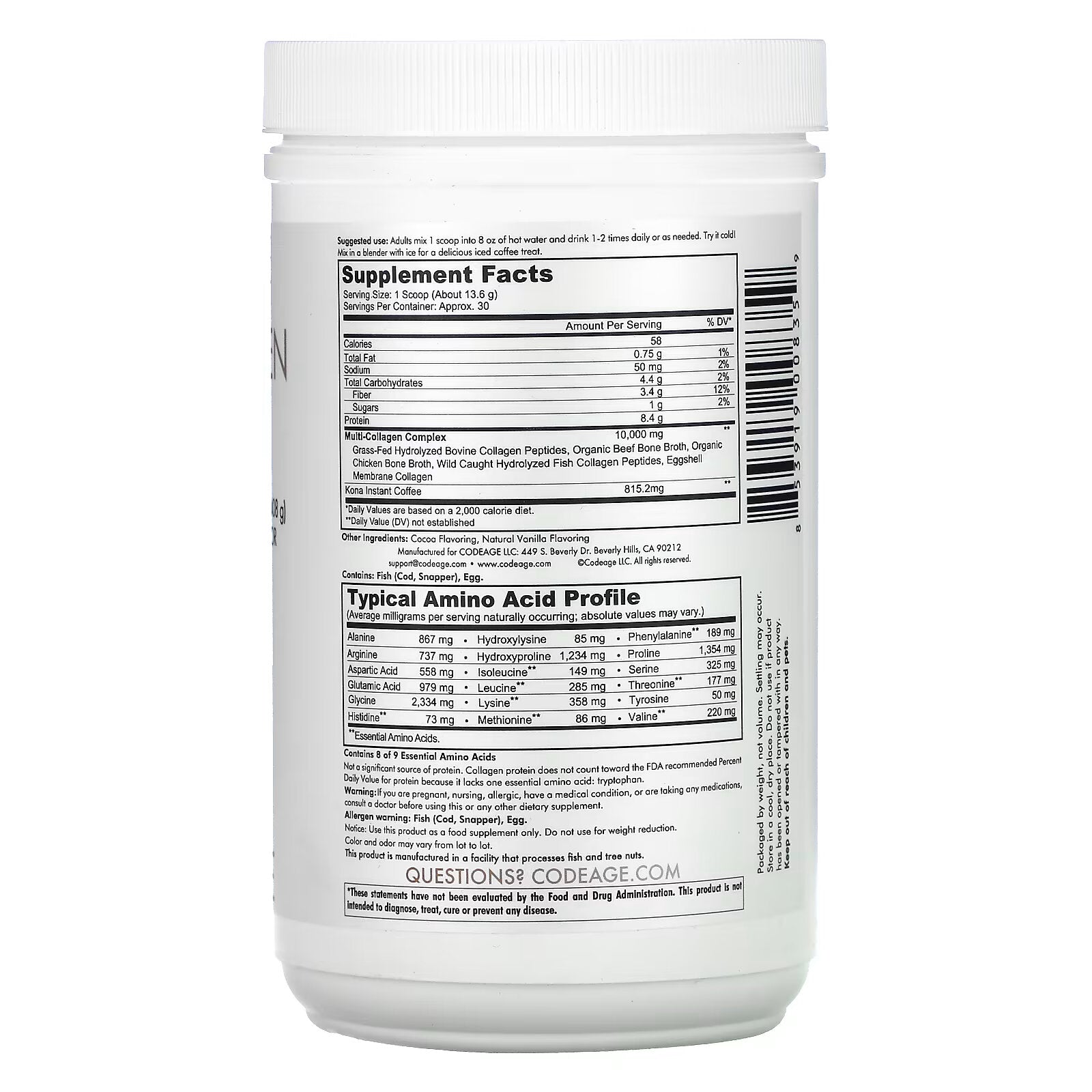 Codeage, Kona Coffee, Multi Collagen Peptides, 5 Types I, II, III, V, X Chocolate Mocha, 14.39 oz (408 g)