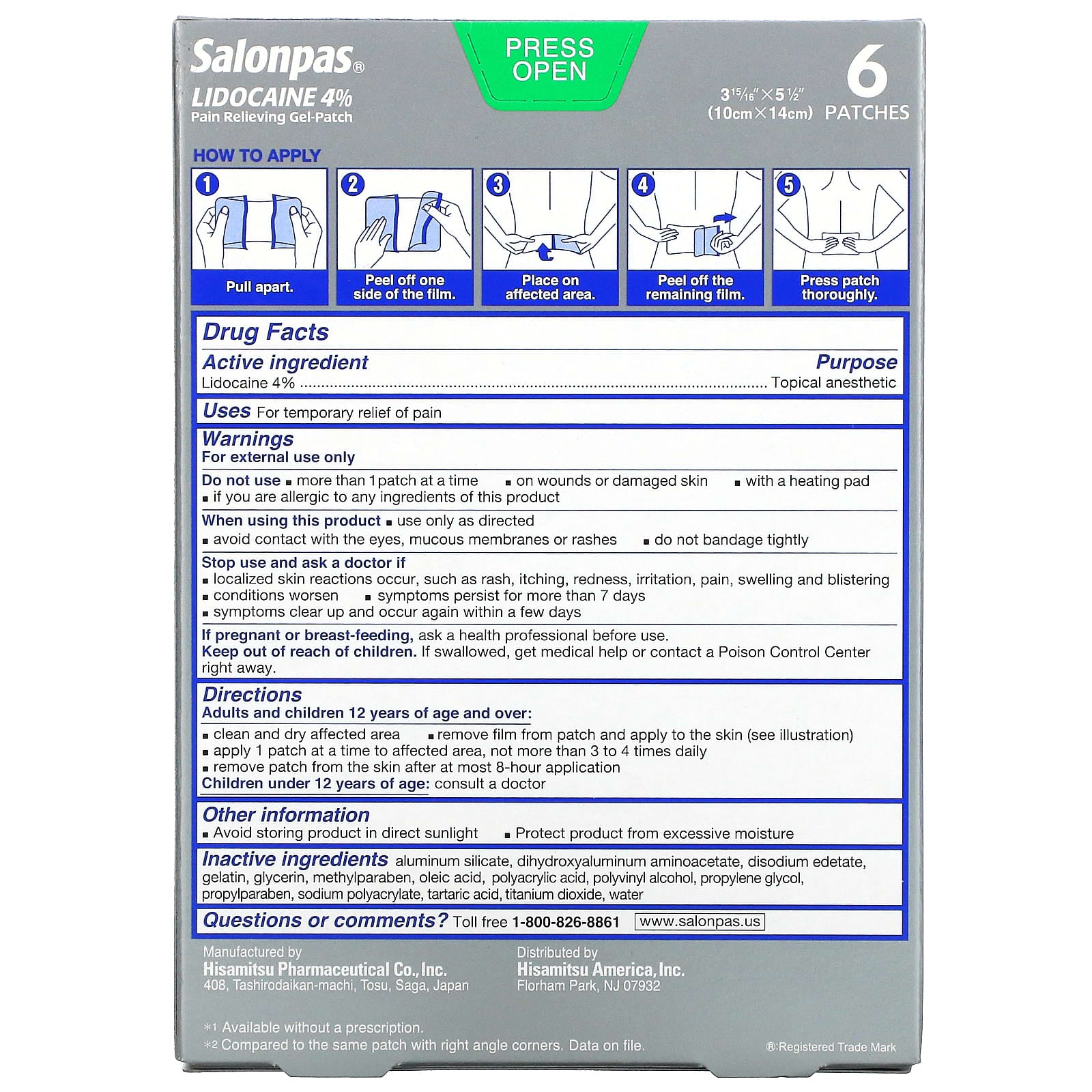 Pain Relieving Gel - Patch Salonpas, 6 patches