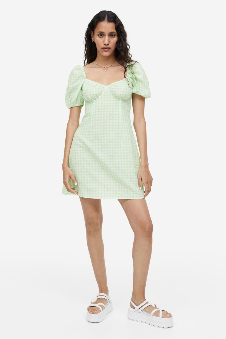 H&M Crepe Puff Sleeve Dress, Light Green/Checkered