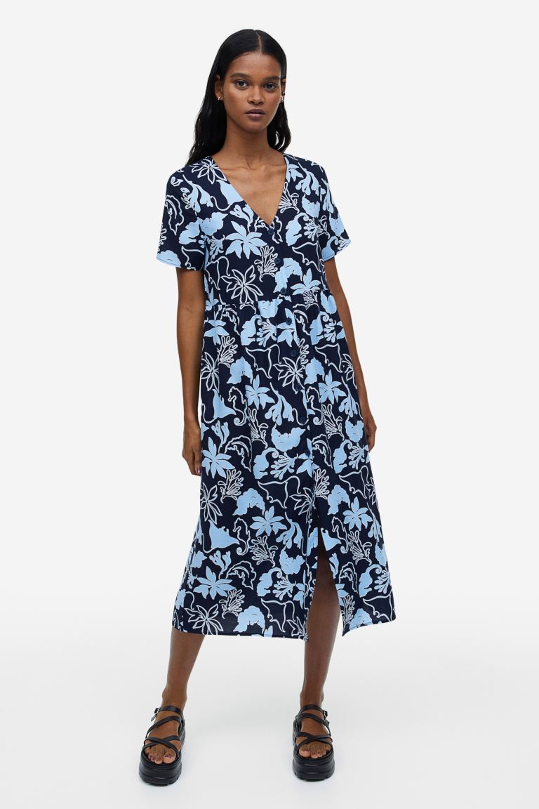 H&M button front dress, navy/patterned