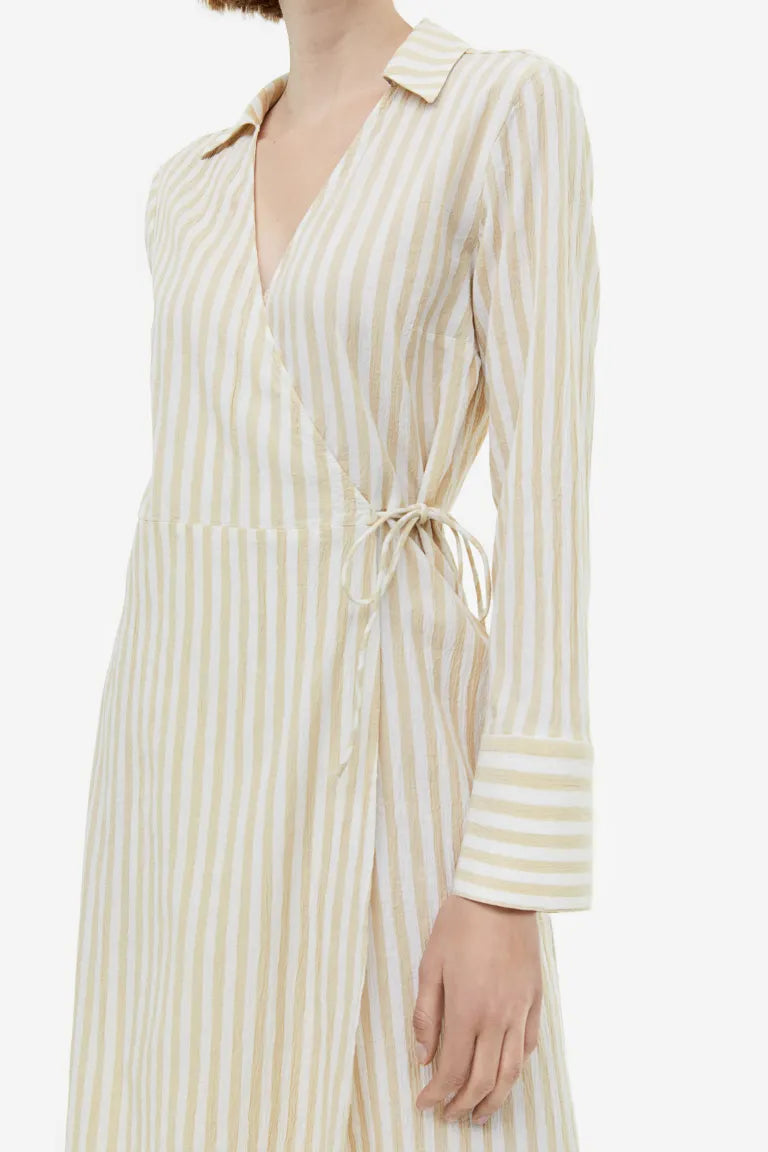 H&M wrap shirt dress, beige/stripe