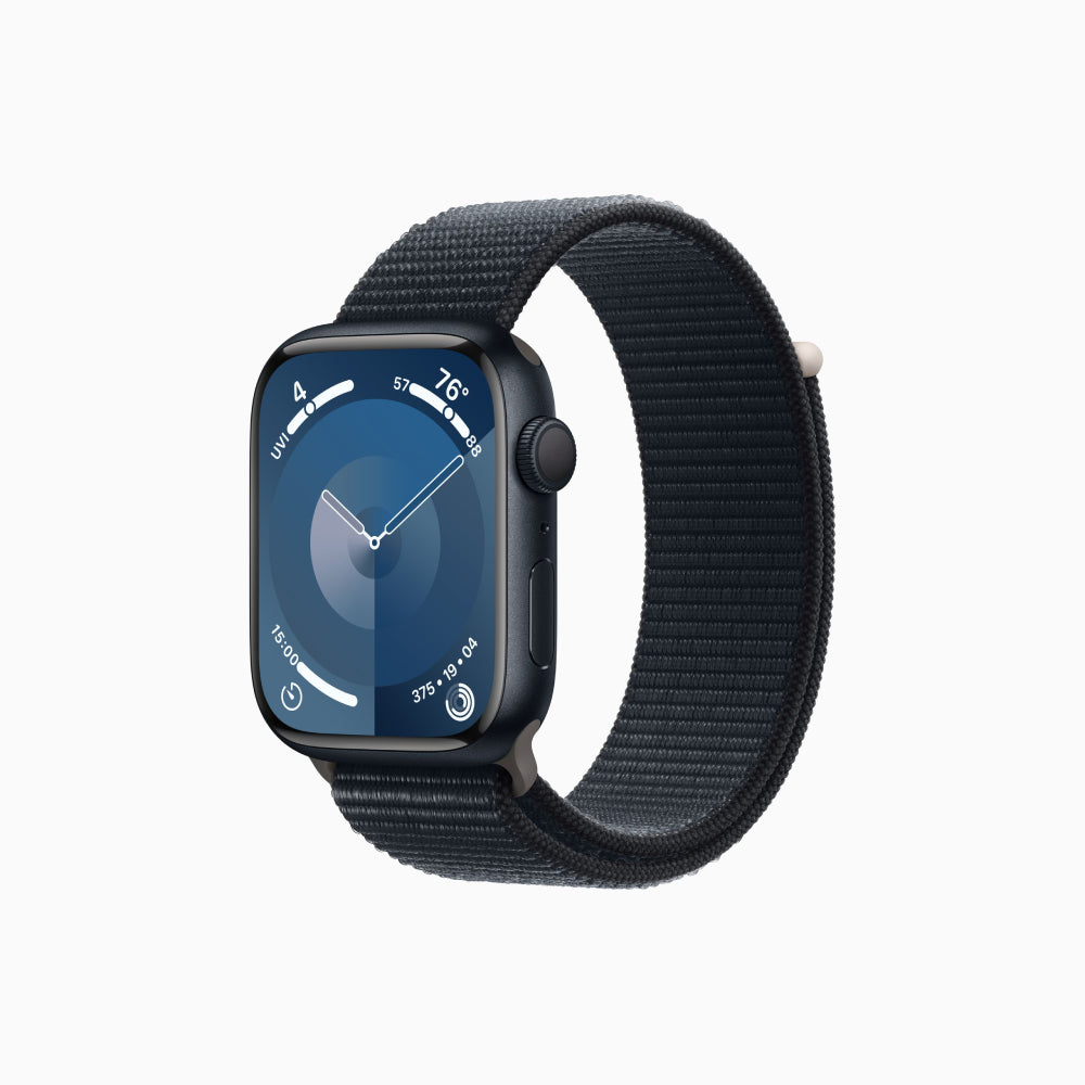 ساعة Apple Watch Series 9 (GPS)، مقاس 45 مم، هيكل من الألومنيوم منتصف الليل/حلقة رياضية منتصف الليل - مقاس واحد