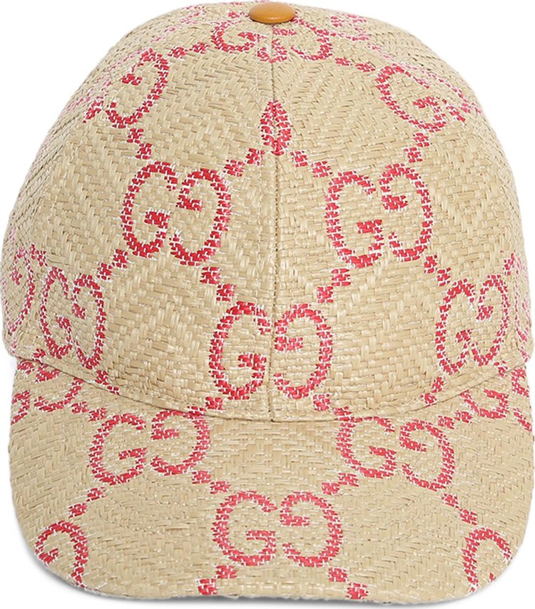 Gucci GG Raffia Effect Baseball Hat Beige/Red, beige