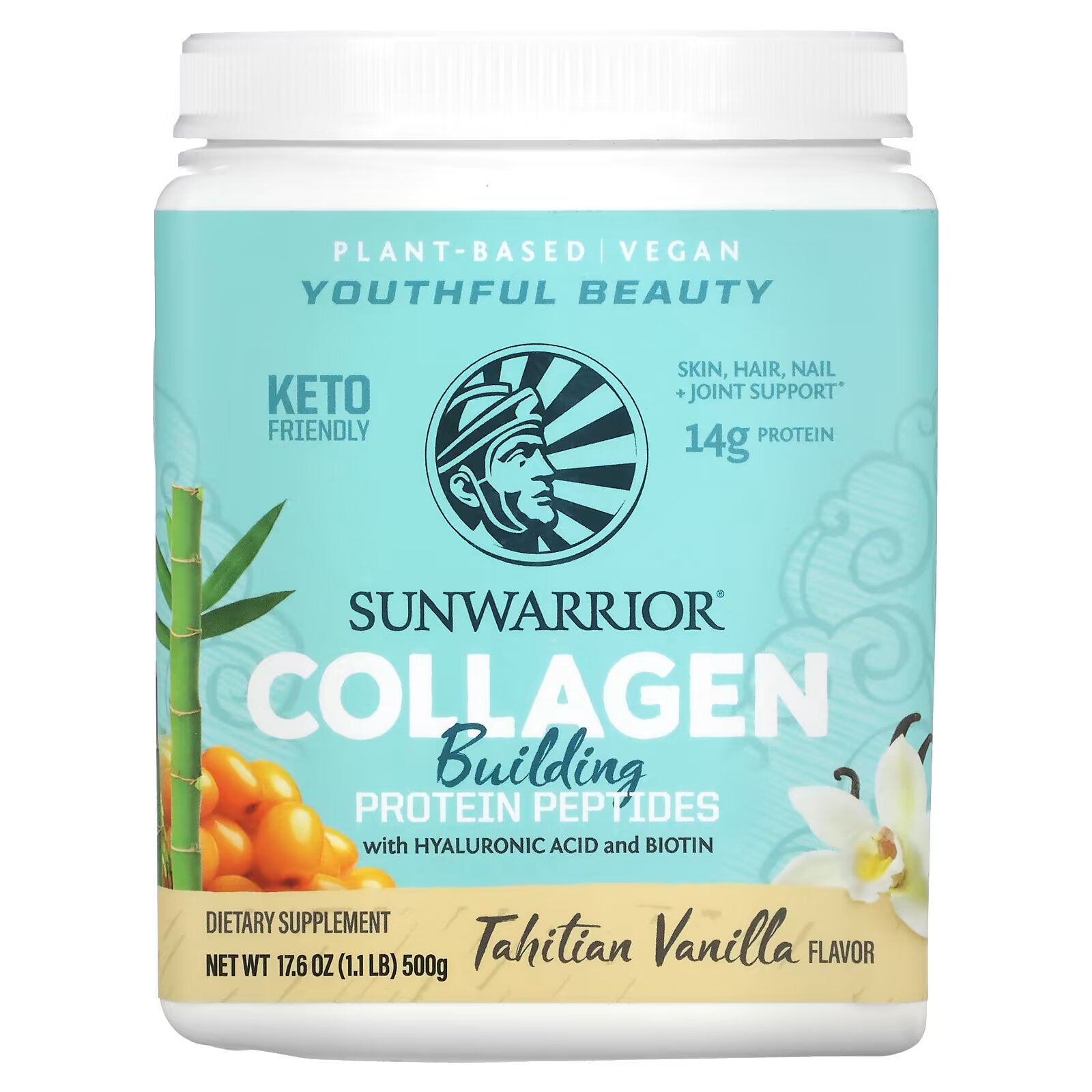 Sunwarrior, protein peptides for collagen production, with hyaluronic acid vanilla, 500 g (17.6 oz)