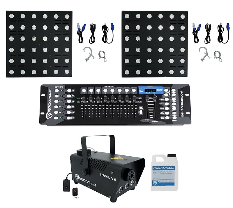 (2) Rockville STAGE MATRIX 36 RGB DJ Blinder Lights+DMX Controller+LED Fogger (2) STAGE MATRIX 36 RGB+ROCKFORCE+R720L