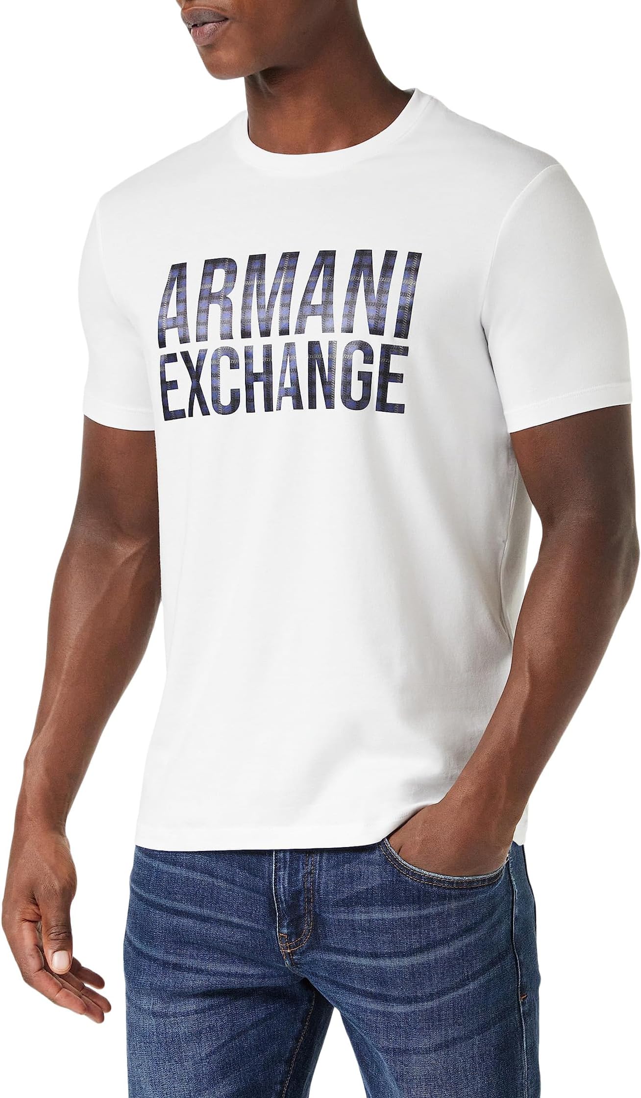 تي شيرت بشعار Armani Exchange المطبوع على الحرير باللون الأبيض