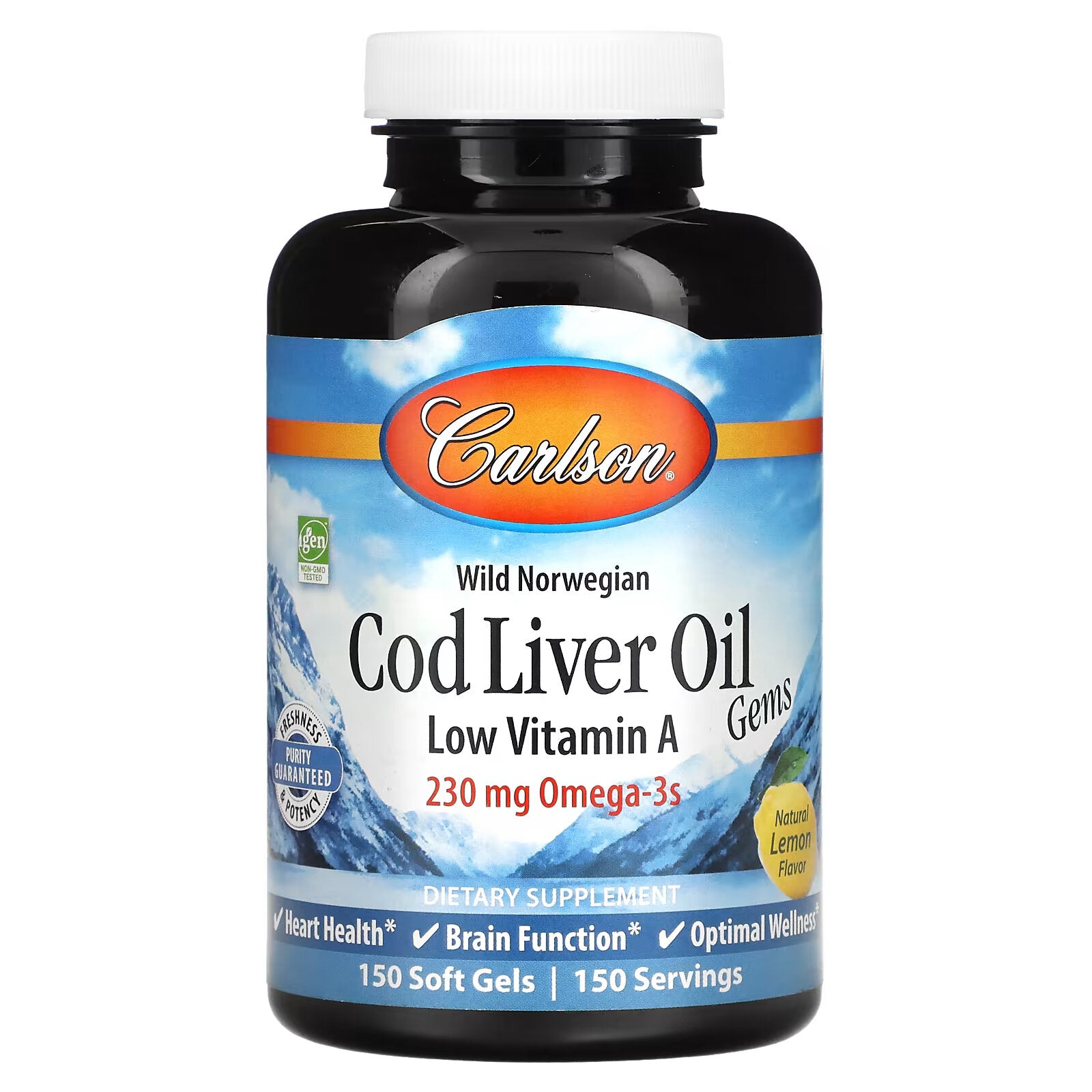 Carlson, Wild Norwegian, Gemstone Cod Liver Oil low in vitamin A, natural lemon flavor, 230 mg 150 softgels