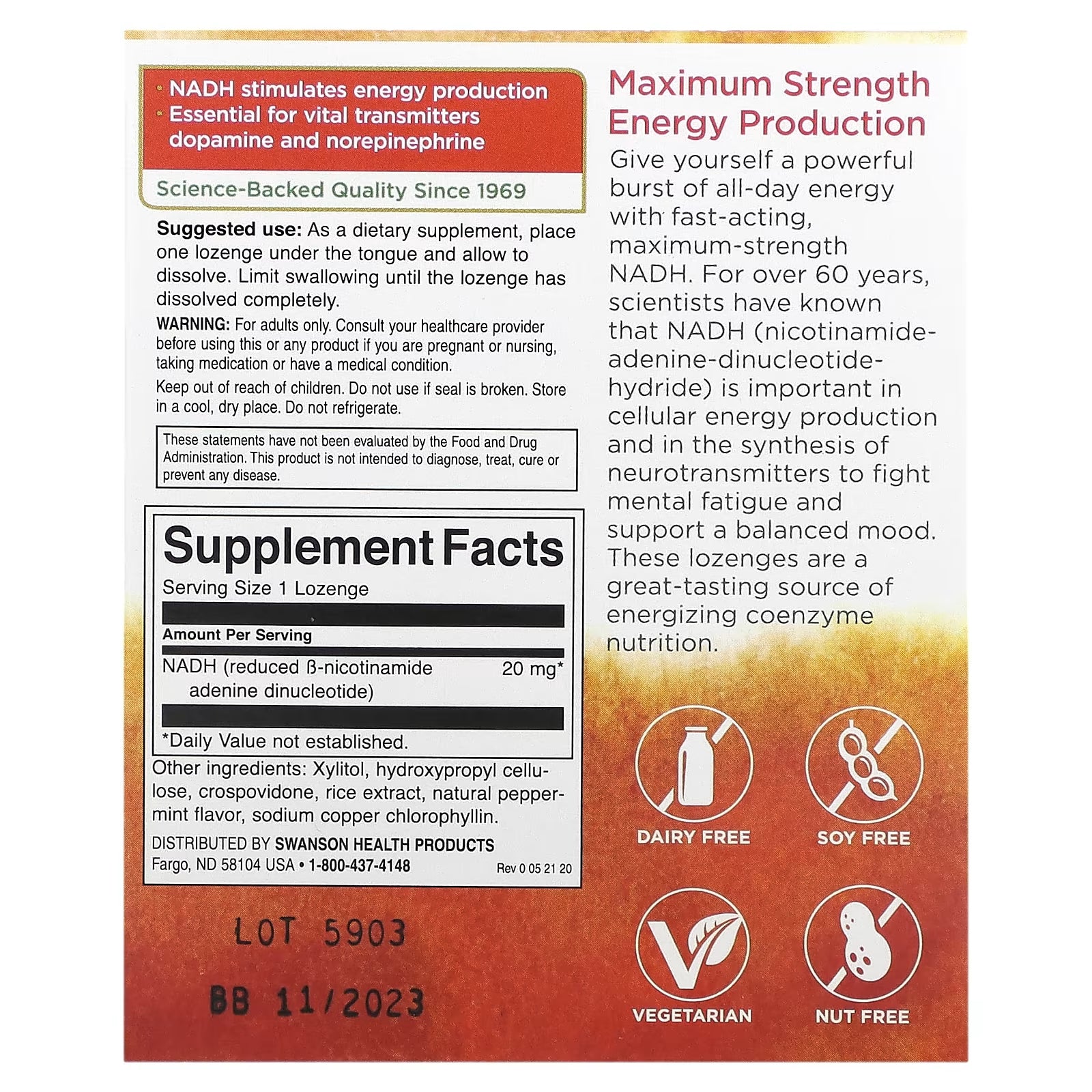 Dietary supplement Swanson NADH maximum strength, 20 mg., 30 tablets