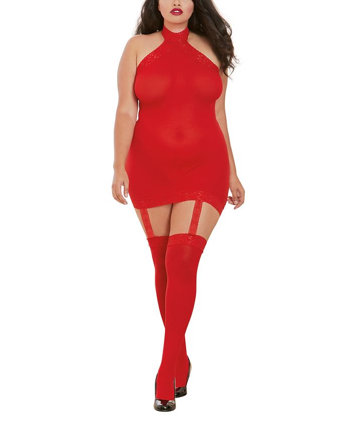 Women's Plus Size Sheer Garter Dress with Straps Dreamgirl lingerie set with garters and stockings, red