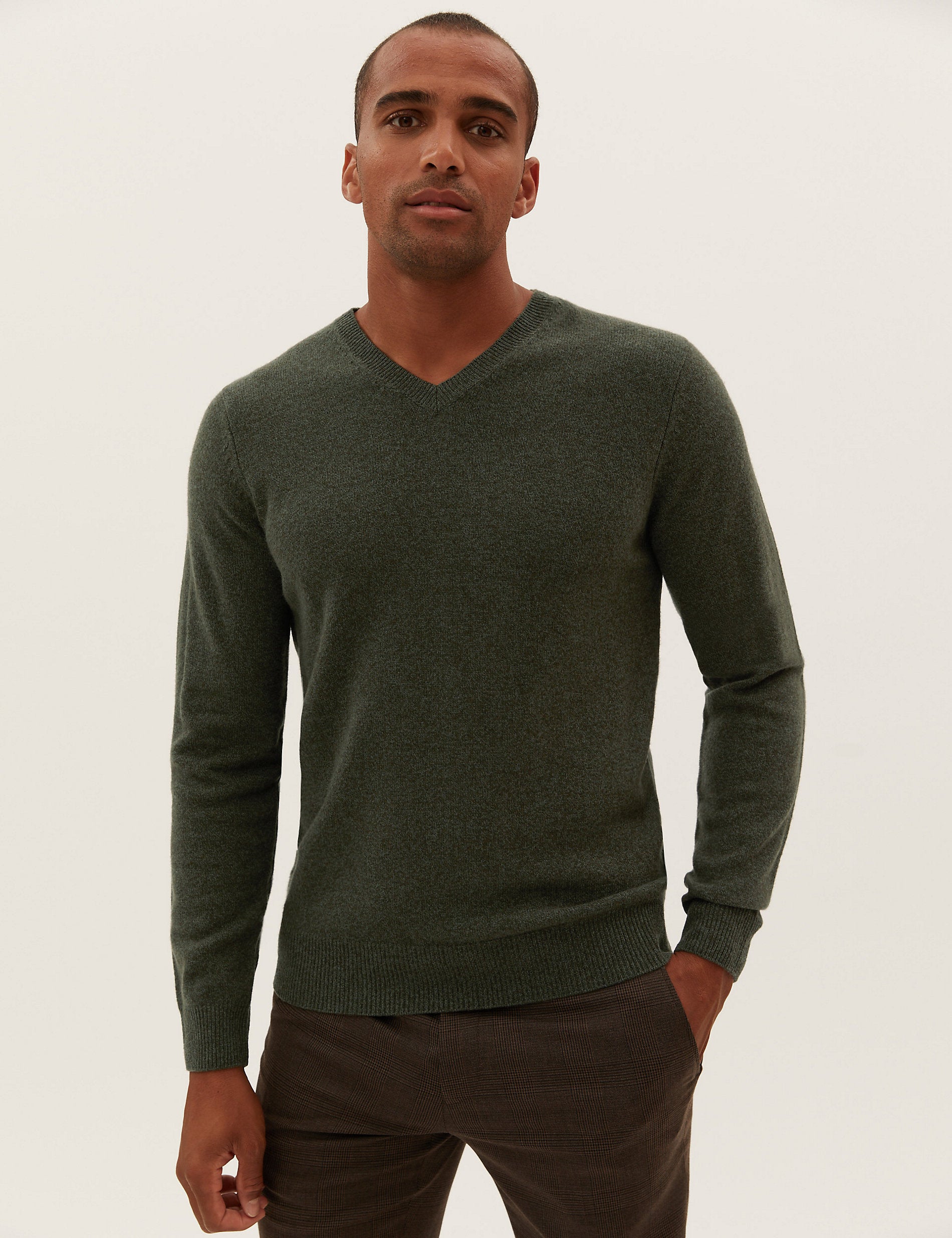 Marks & Spencer V-Neck Extra Fine Lambswool Jumper, Khaki