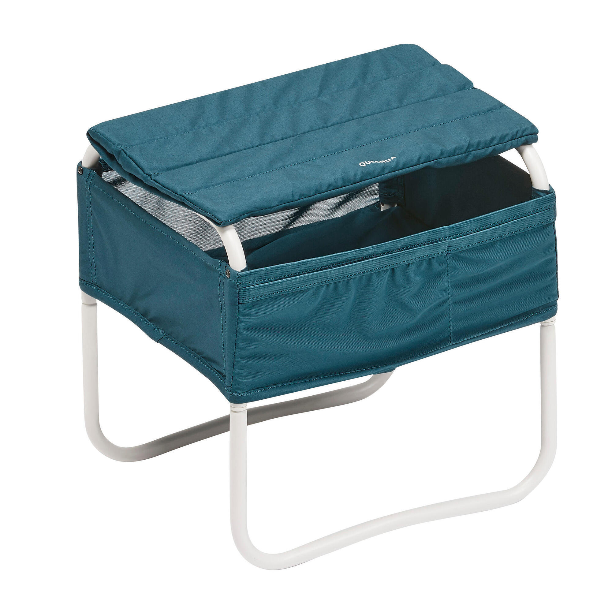 Quechua compact tourist bedside table, languid blue