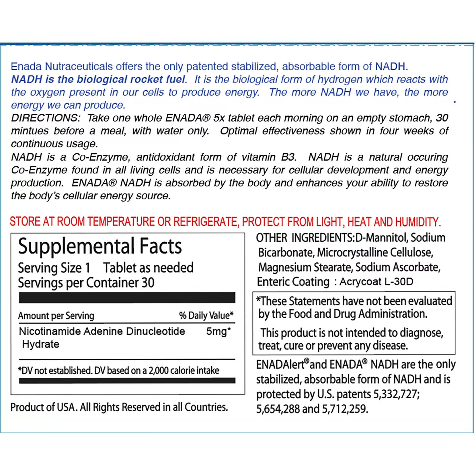 Dietary supplement ENADA, NADH 5x, 5 mg, 30 tablets