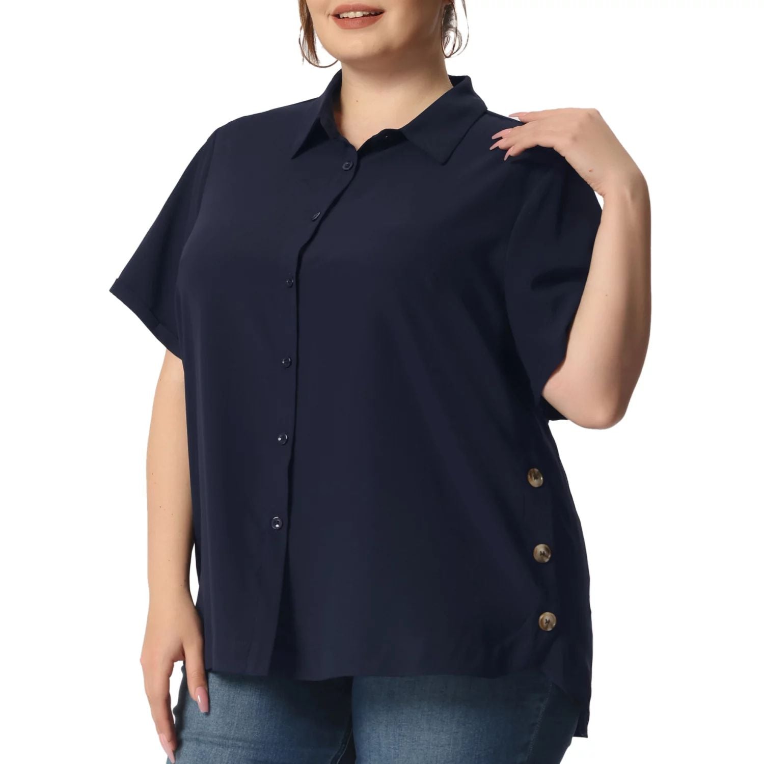 Agnes Orinda Women's Plus Size Roll Up Sleeve Button Front Split Front Shirts ,  white