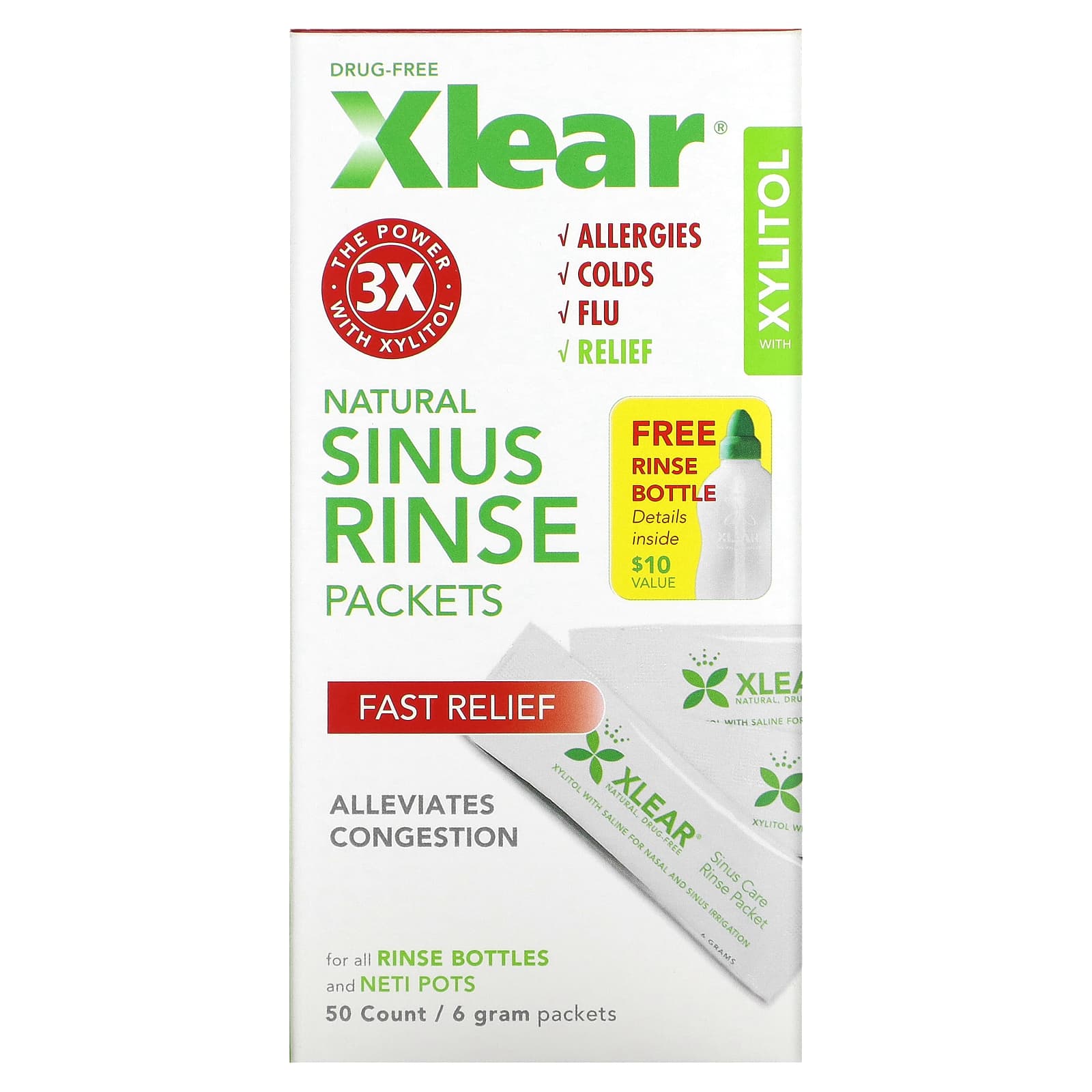 Natural Sinus Rinse Xlear fast relief, 50 pieces, 6 g each