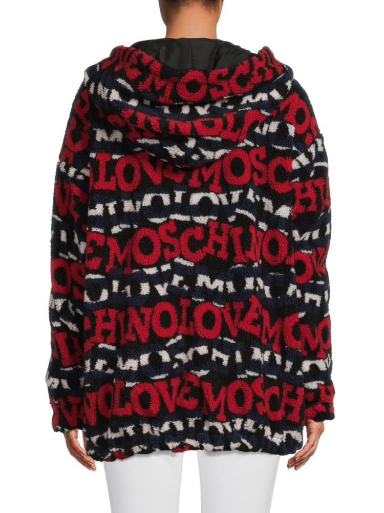 Zip sweatshirt in faux sheepskin with Love Moschino logo, Red Multicolor