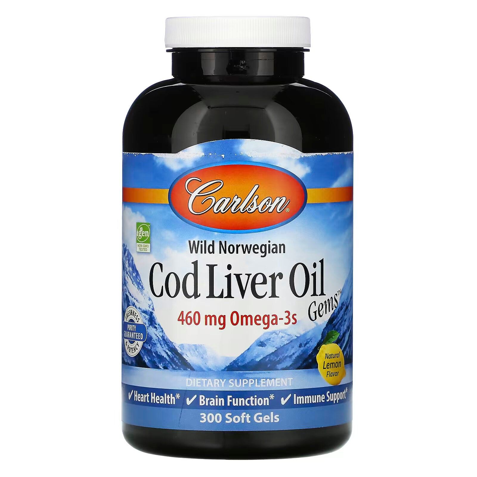 Carlson, Wild Norwegian, Gemstone Cod Liver Oil natural lemon flavor, 230 mg, 300 softgels