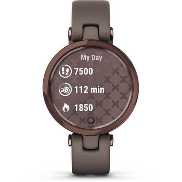 Garmin Lily smartwatch, Paloma color, dark bronze bezel, Italian leather strap