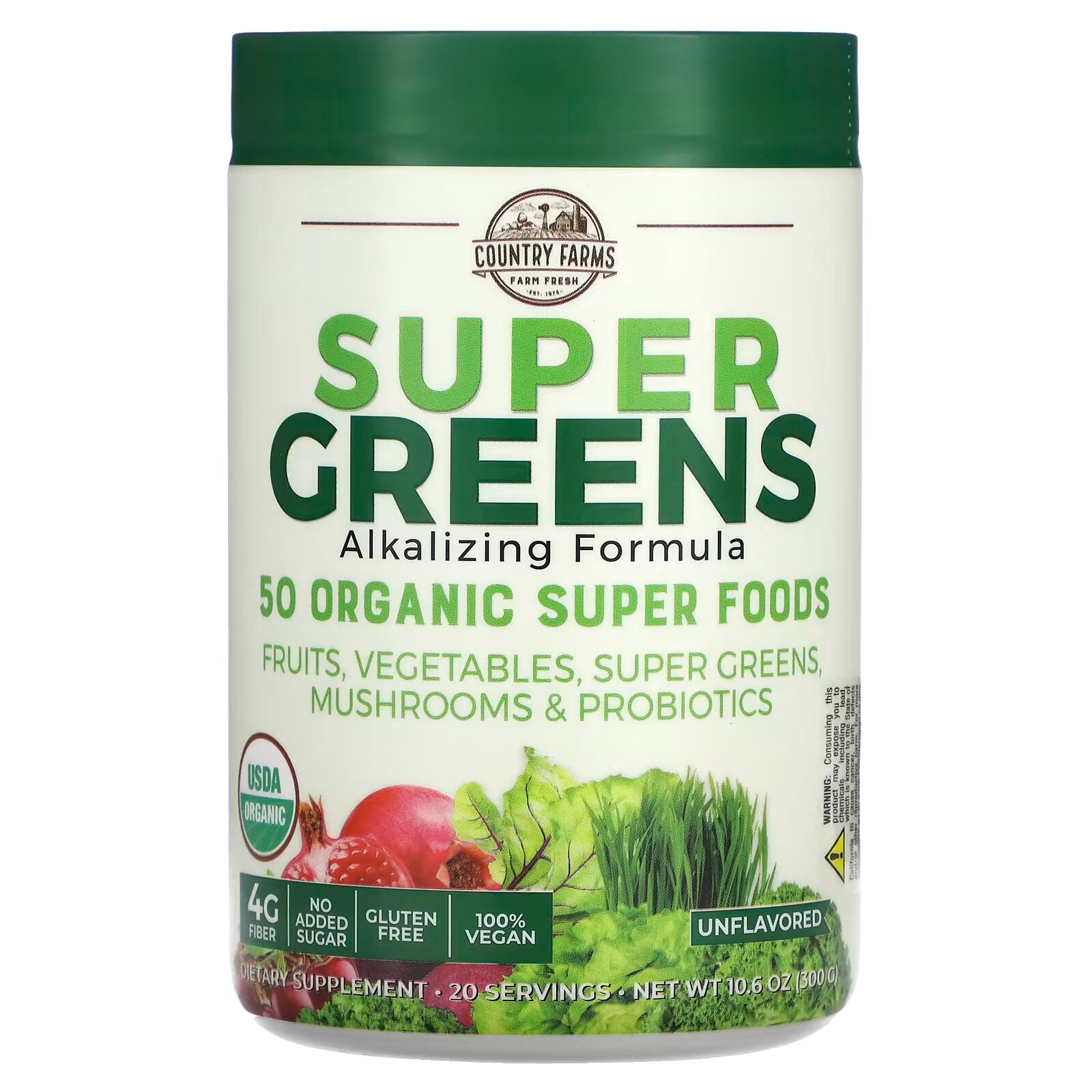 Country Farms, Super Greens, Alkalinizing Herbal Formula, Neutral Flavored 300 g (10.6 oz)