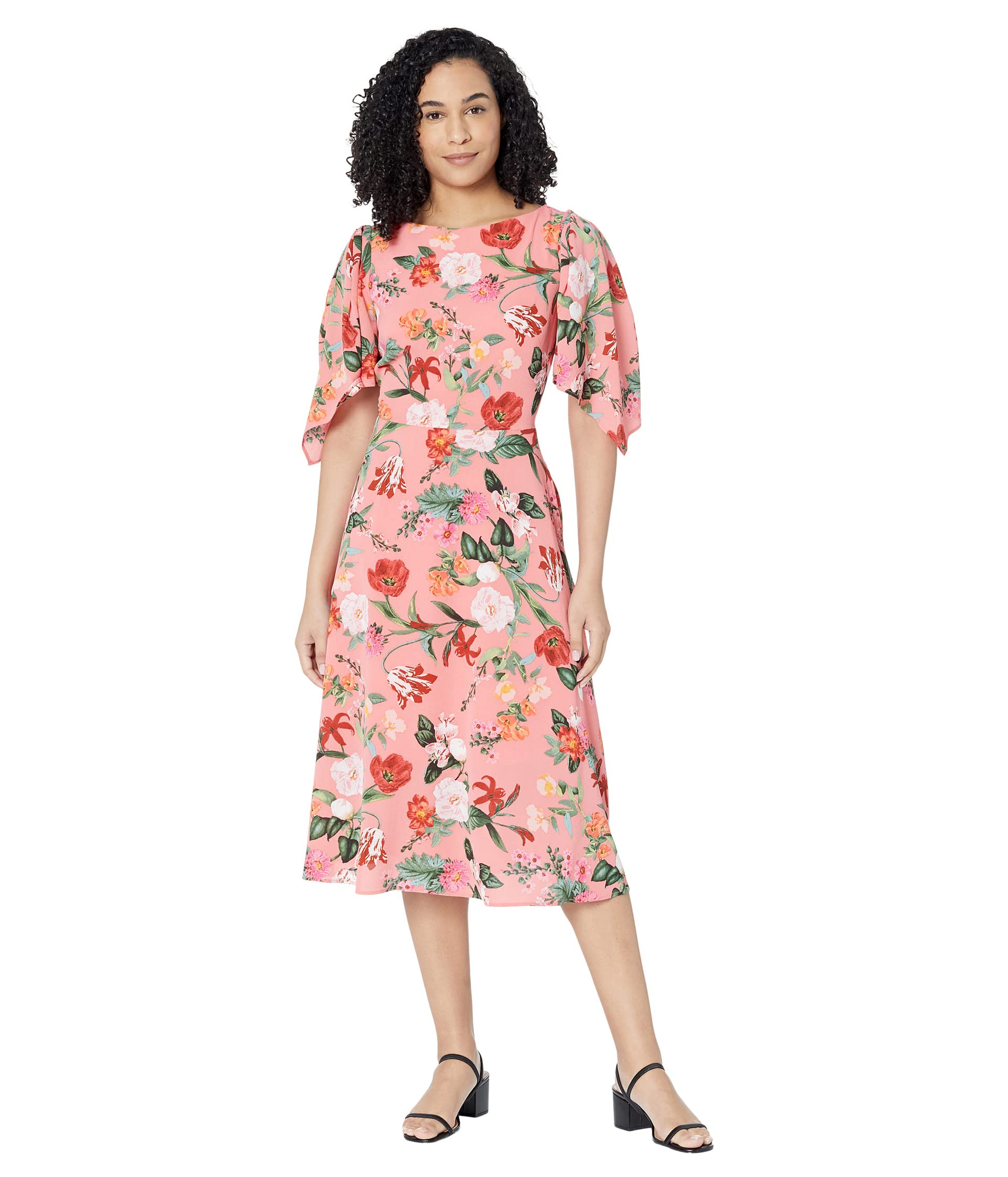 Vince Camuto Dress, Printed Pebble Crepe Boatneck High-Low Flutter Sleeve Midi