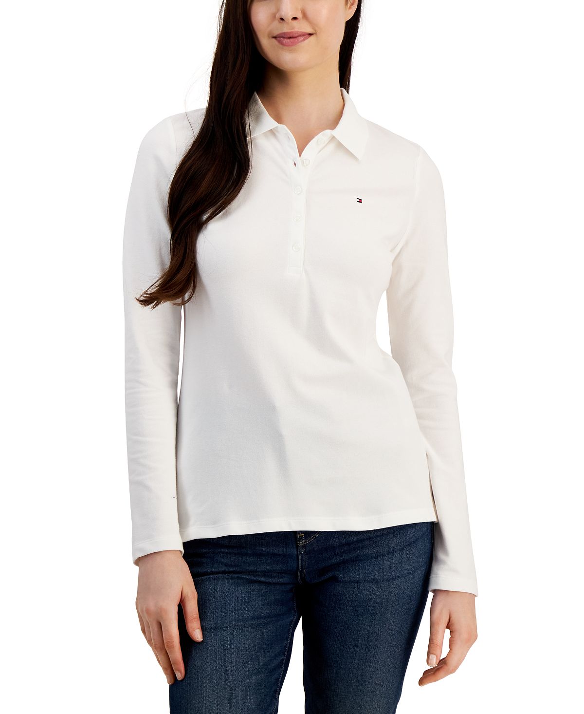 Tommy Hilfiger Women's Long Sleeve Logo Polo Shirt - White