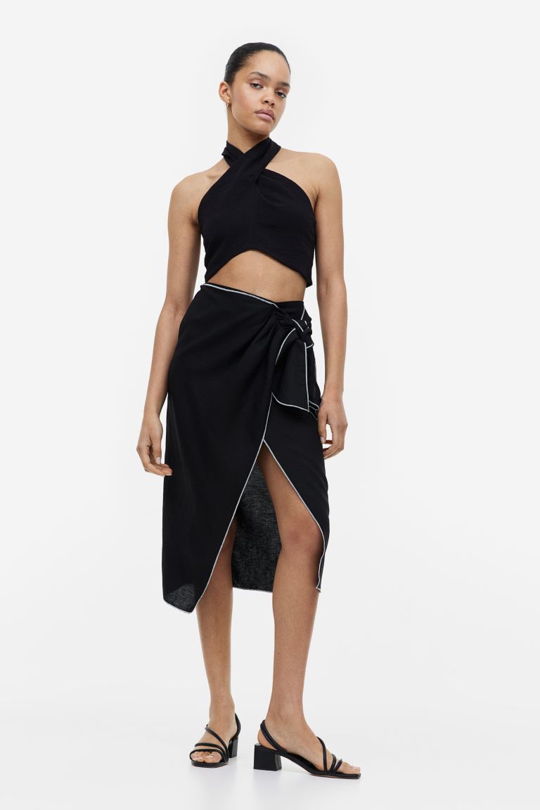 H&M linen blend front wrap skirt, black