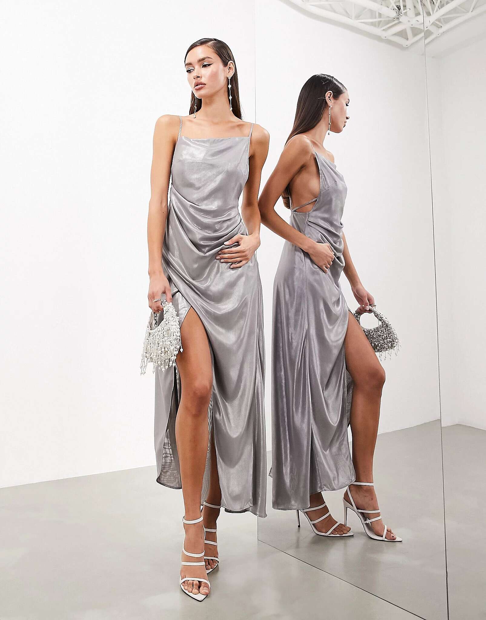 ASOS Silver Metallic Draped Strap Maxi Dress