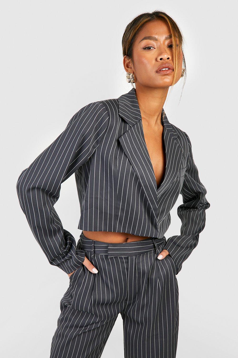 Boohoo Tonal Stripe Cropped Blazer, Gray