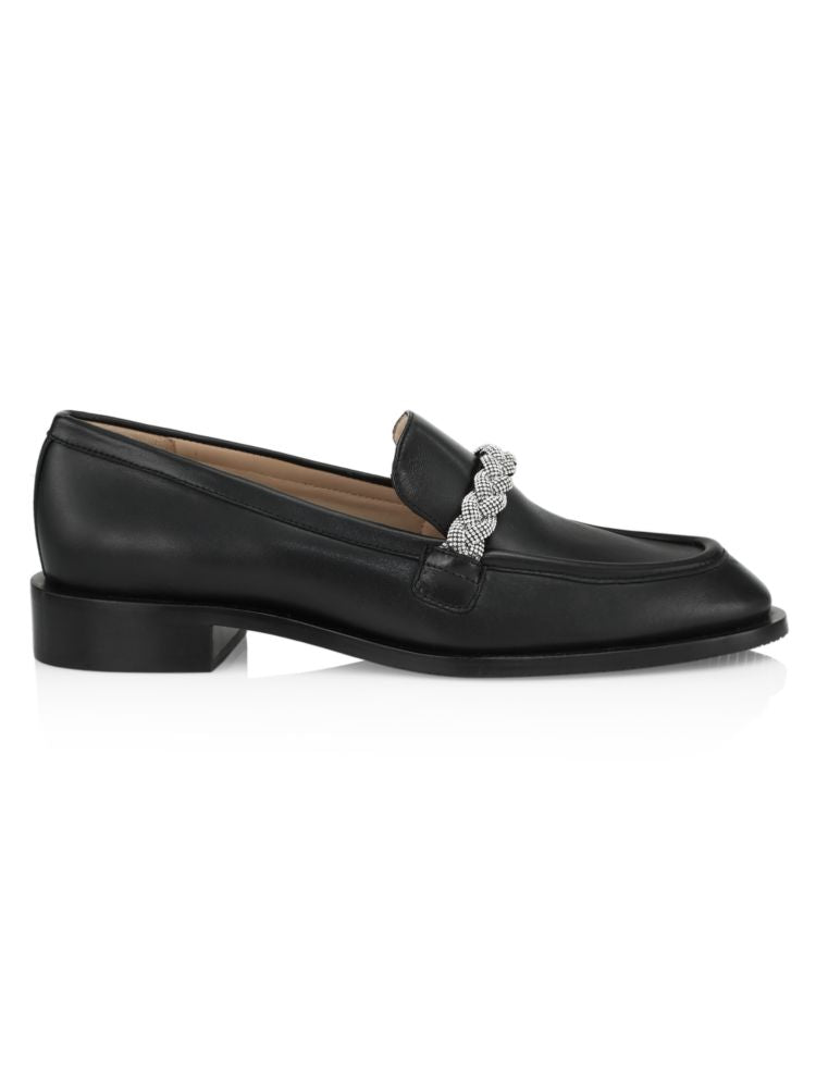 Stuart Weitzman Palmer Leather Loafers with Crystals, Black