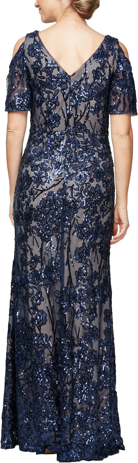 Alex Evenings Long V-Neck A-Line Off Shoulder Fly Sleeve Dress , color Navy/Nude