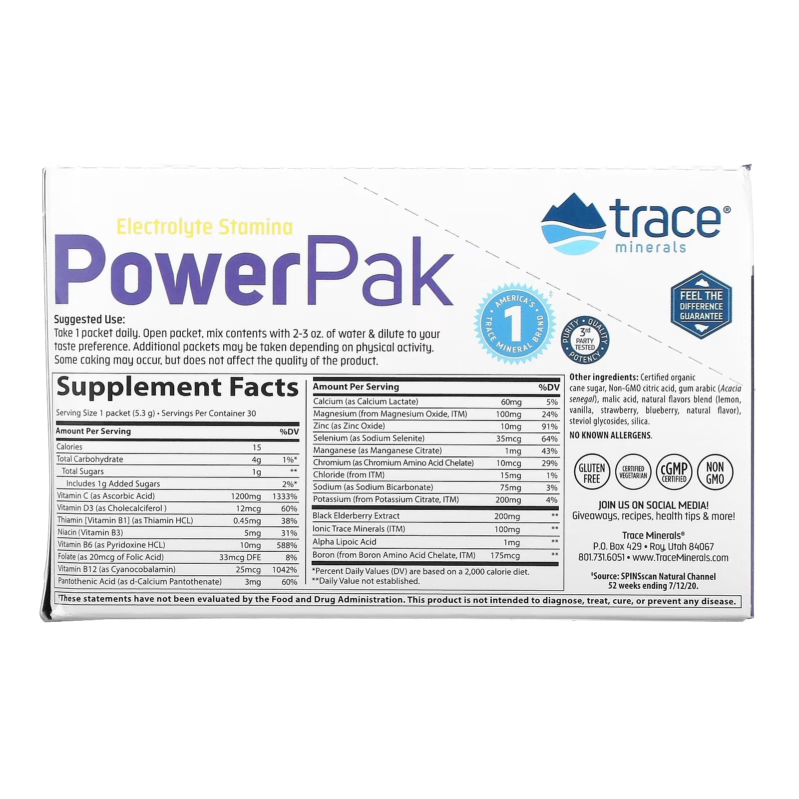 Dietary Supplement Trace Minerals PowerPak + Immunity, lemon and berries, 30 packets of 5.3 g each