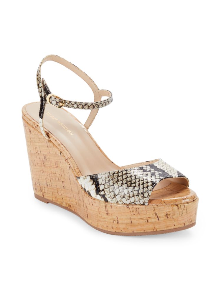 Stuart Weitzman Snakeskin Palmina Wedge Sandal in Cream Oat