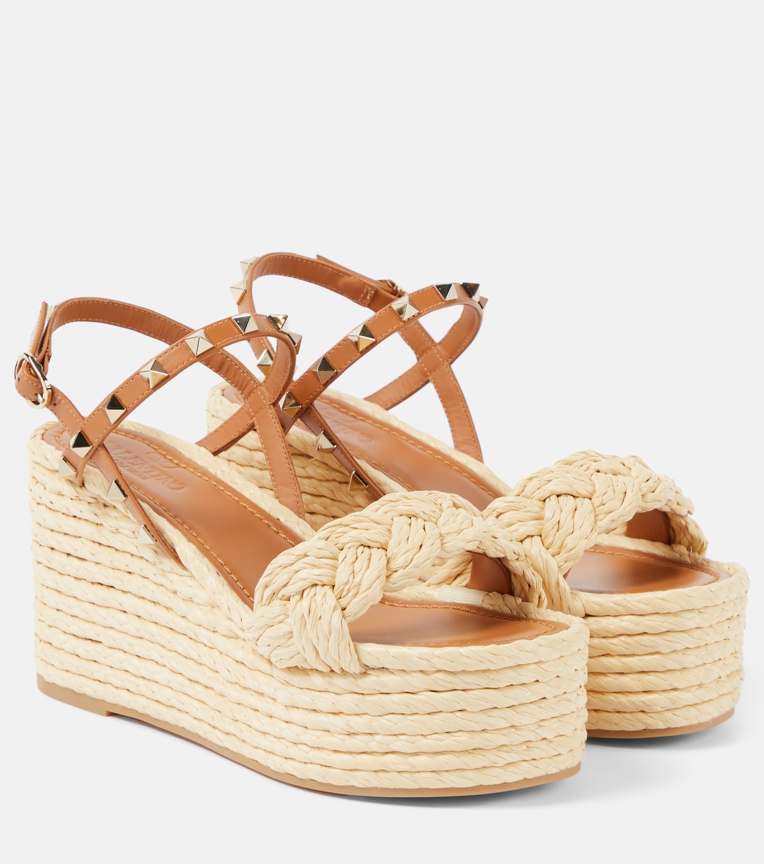 Valentino Garavani Rockstud Woven Leather Wedge Espadrilles, Beige