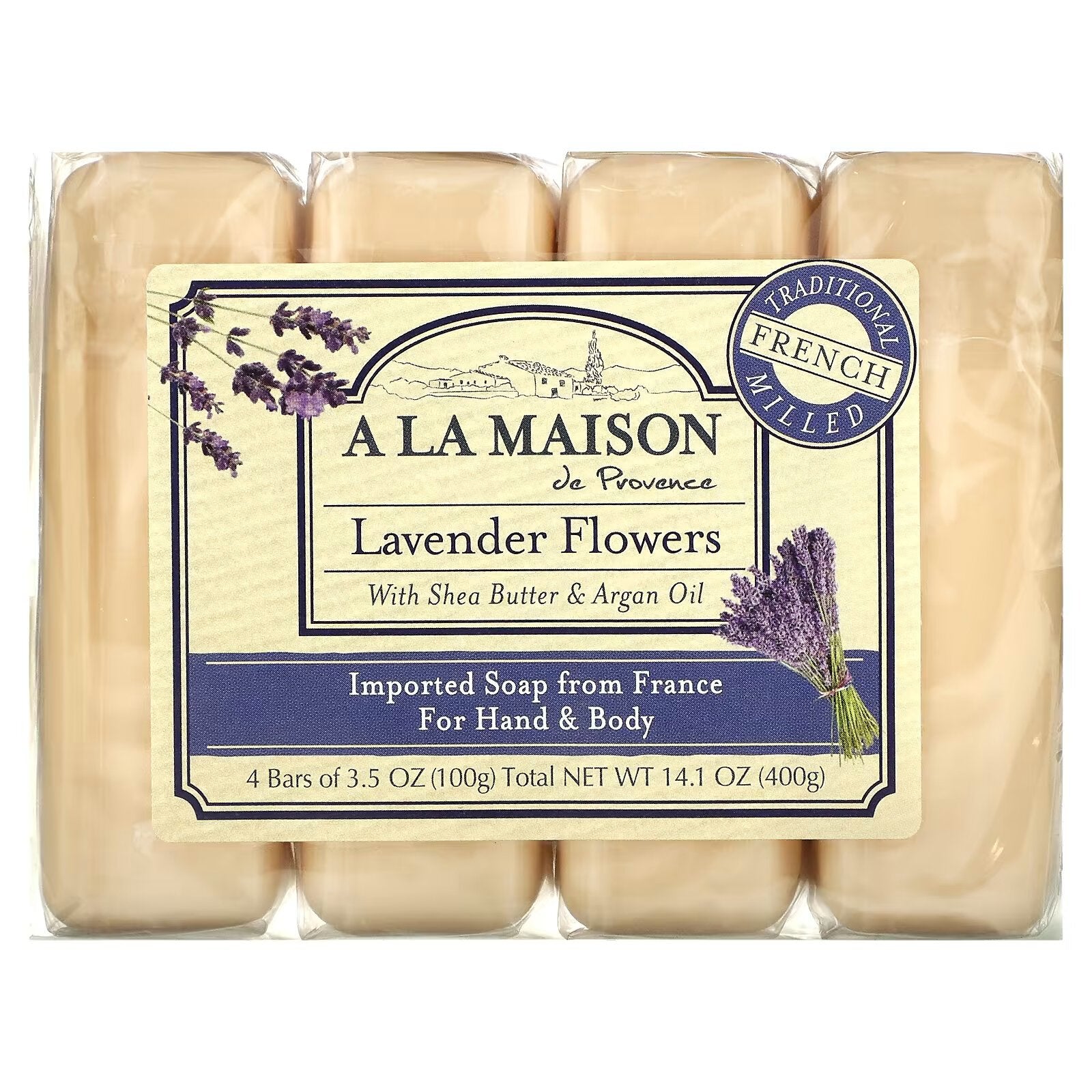 A La Maison de Provence, hand and body bar soap with lavender scent, 4 bars of 100 g (3 5 oz)