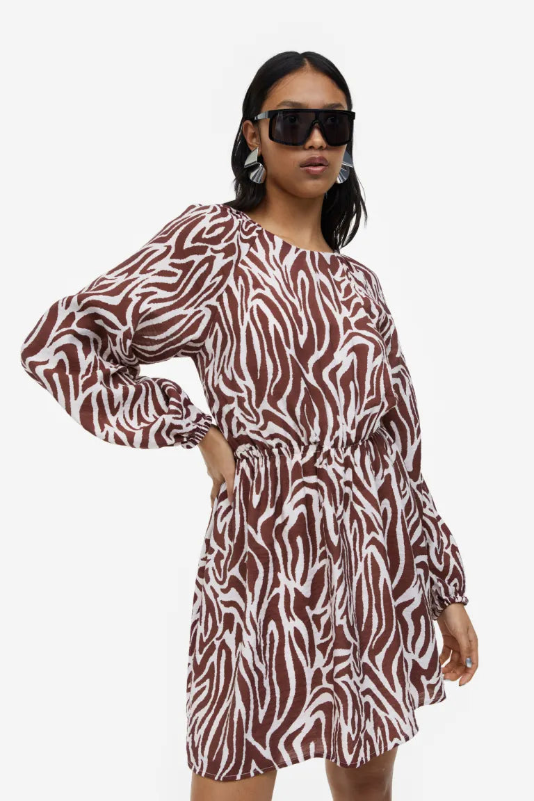 H&M Puff Sleeve Open Back Dress, Dark Brown/Zebra