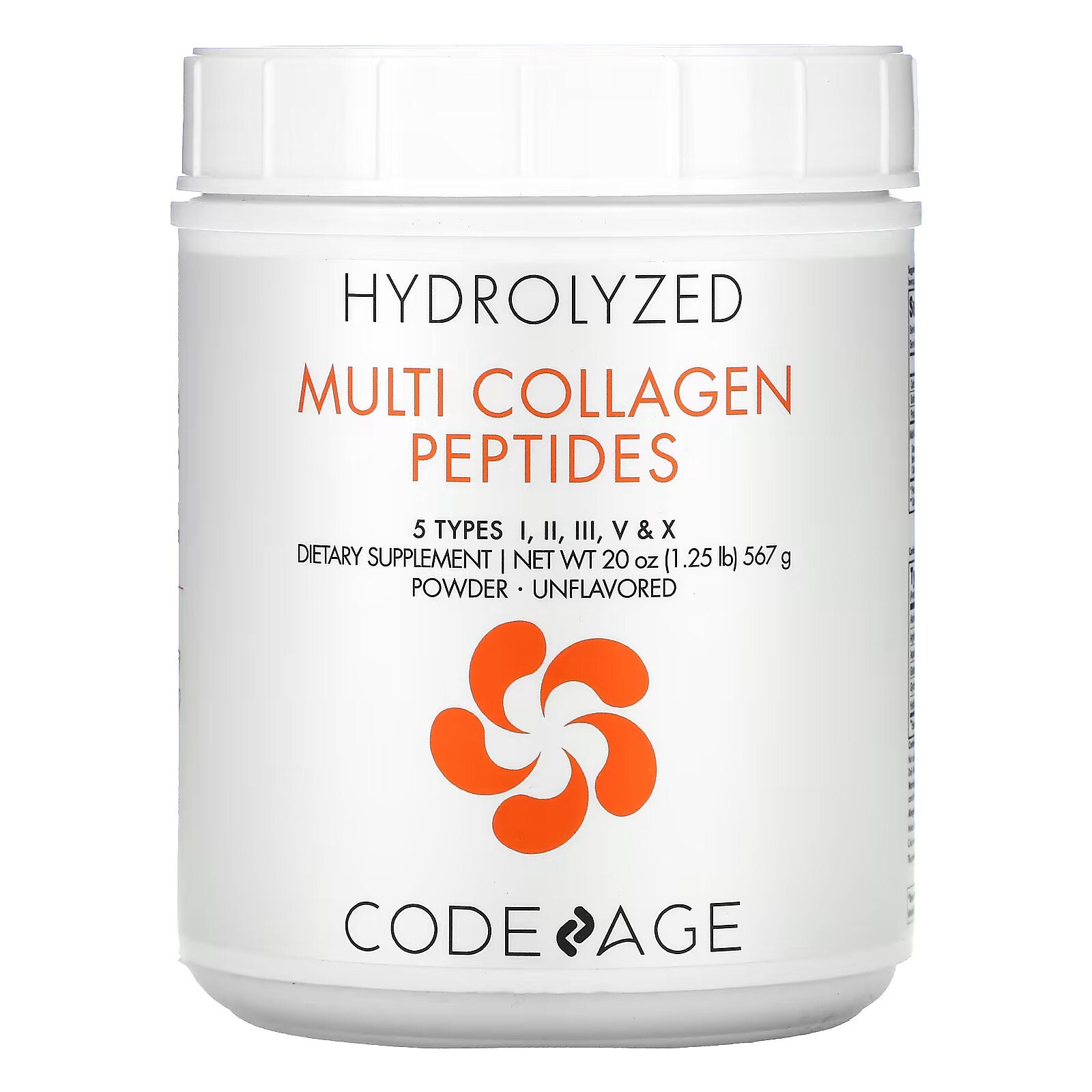 Codeage, Hydrolyzed, Multi Collagen Peptides, 5 Types I, II, III, V, X, Powder plain, 567 g (20 oz)