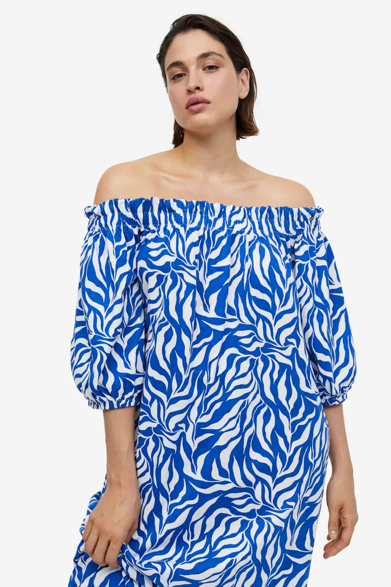 H&M off-shoulder dress, royal blue/patterned