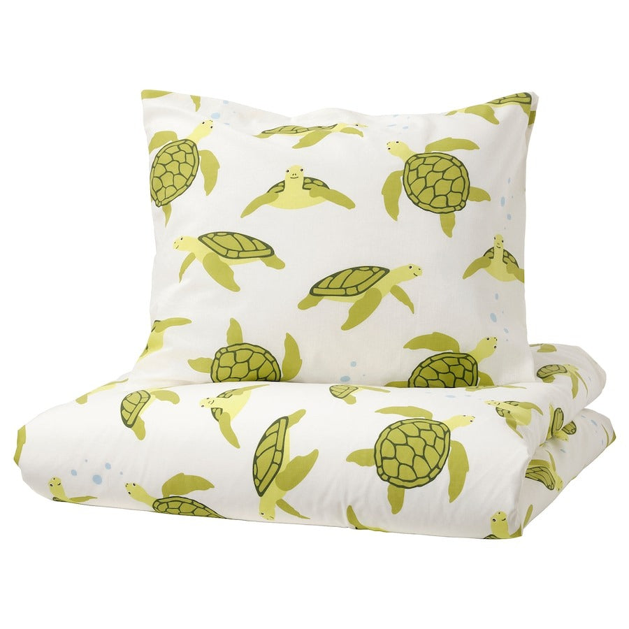 Bed Linen Ikea Blavingad Duvet Cover And Pillowcase Turtle Pattern, 150x200/50x60cm, Green/White